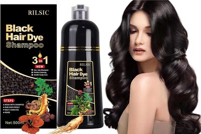 RILSIC Black Hair Dye Shampoo 3 IN 1, Herbal Natrual Shampoo Instant Hair Color Shampoo for Women Men - Grey Hair Coverage- Long Lasting-Coloring in Minutes(500ML) (Black)