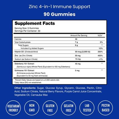 NutraChamps 4-in-1 Zinc Gummies, 50mg Chewable Zinc Supplement Gummies with Vitamin D3 2000 IU, Elderberry Echinacea, Immune, Heart Brain Support, 180 Count (Pack of 2)