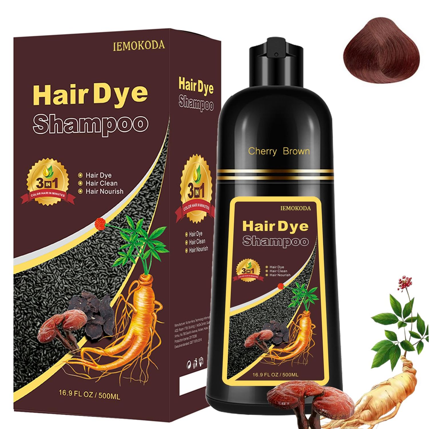 Cherry Brown Hair Dye Shampoo 3 in 1 - Instant Shampoo Para Pintar el Cabello Refresh Hair Color, Herbal Shampoo Hair Dye for Women Men, Easy to Use Long Lasting Hair Color Shampoo 16.90 oz