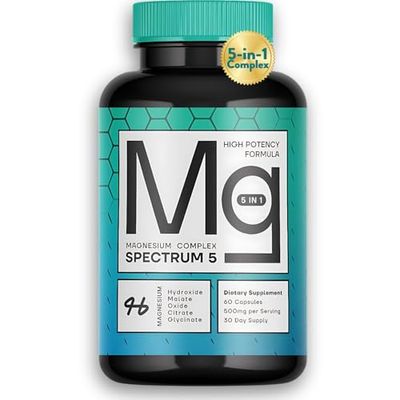 SonoHealth 5-in-1 Magnesium Complex Spectrum 5 500mg of Magnesium Glycinate, Malate, Citrate, Oxide Hydroxide for Muscles, Nerves, Energy High Absorption Vegan, Non-GMO 60 Capsules