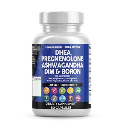 DHEA 200mg Supplement Pregnenolone 100mg for Men Women with DIM Ashwagandha Boron 6mg Complex Calcium Magnesium Zinc 50mg Vitamin D3 5000 iu Hormone Support Capsules Pills - Made in USA 60 Ct