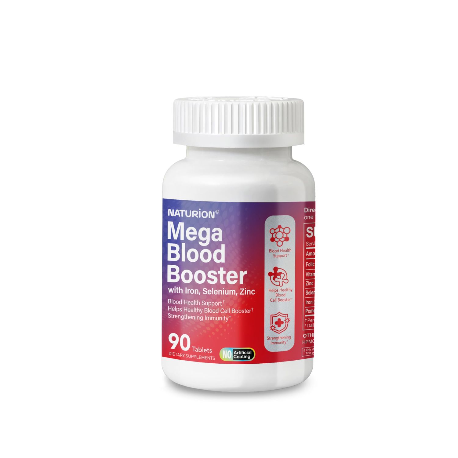 NATURION Mega Blood Booster - Dietary Supplement for White and Red Blood Cell Support with Iron, Selenium, Zinc, Vitamin B12 Folic Acid - 90 Tablets, 90 Day Supply