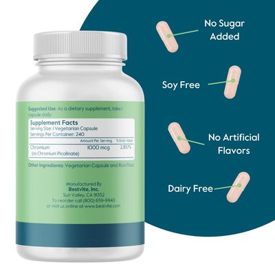 BESTVITE Chromium Picolinate 1000mcg (240 Vegetarian Capsules) - No Stearates - No Dicalcium Phosphate - Vegan - Gluten Free - Non-GMO