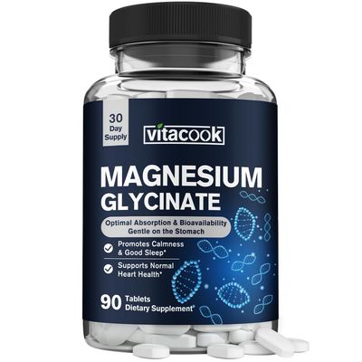 Vitacook Magnesium Glycinate 300 mg, Natural Calmness, Healthy Mood Heart Support, Non Buffered, Non-GMO, High Potency and Ultra-Absorbable, 90 Tablets