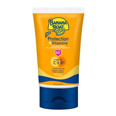 Banana Boat Protection Vitamins Sunscreen Lotion SPF 50, 4.5 oz - Nourishing, Moisturizing, Vitamin C, Niacinamide, Water Resistant, Dermatologist Tested