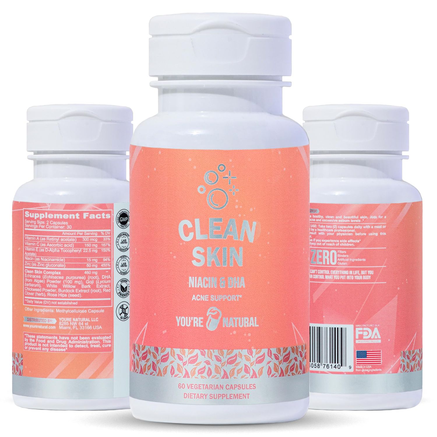 YOU&#39;RE NATURAL Clean Skin Supplement Acne Support Skin Support Vitamins for Women, Men Teens, Vitamin A, Zinc, DHA, Vitamin B3, Vitamin C, Vitamin E - Gluten Free - Made in USA - 60 Capsules
