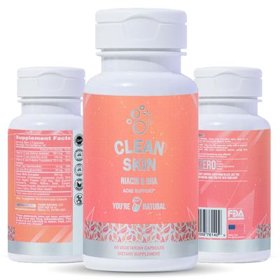 YOU&#39;RE NATURAL Clean Skin Supplement Acne Support Skin Support Vitamins for Women, Men Teens, Vitamin A, Zinc, DHA, Vitamin B3, Vitamin C, Vitamin E - Gluten Free - Made in USA - 60 Capsules