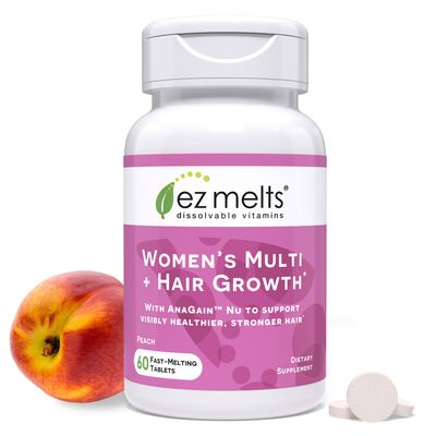 EZ Melts Dissolvable Women s Multivitamin Hair Growth with Biotin, Bamboo Extract Clinically Studied AnaGain Nu, Supports Visibly Healthier, Stronger Hair, Sugar-Free Peach Flavor, 1-Month