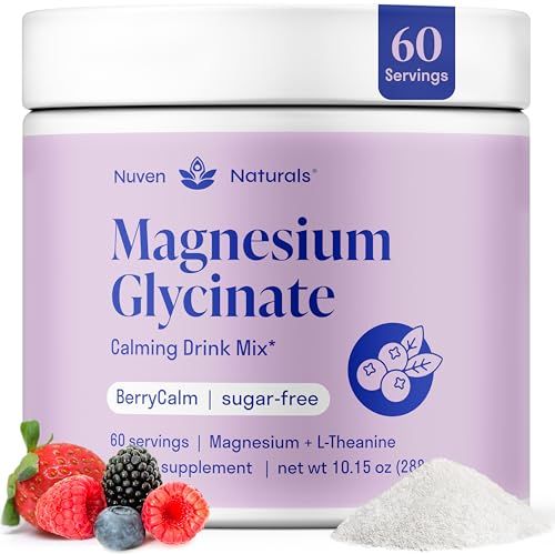 Magnesium Glycinate Powder L-Theanine 60 Servings 300 mg per Scoop High Absorption Chelated Magnesium Powder for Sleep - Natural Mixed Berry Flavor, No Sugar, Support Restful Sleep Relaxation