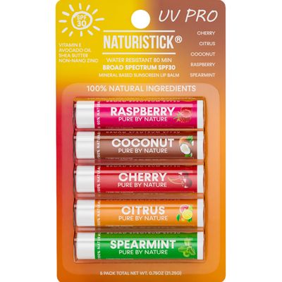 Naturistick SPF 30 Vegan Lip Balm - Mineral Sunscreen with Zinc Oxide Broad Spectrum UVAUVB 100 Natural, Coral-Friendly Formula 5-Pk Raspberry, Coconut, Cherry, Citrus, Spearmint Made in USA