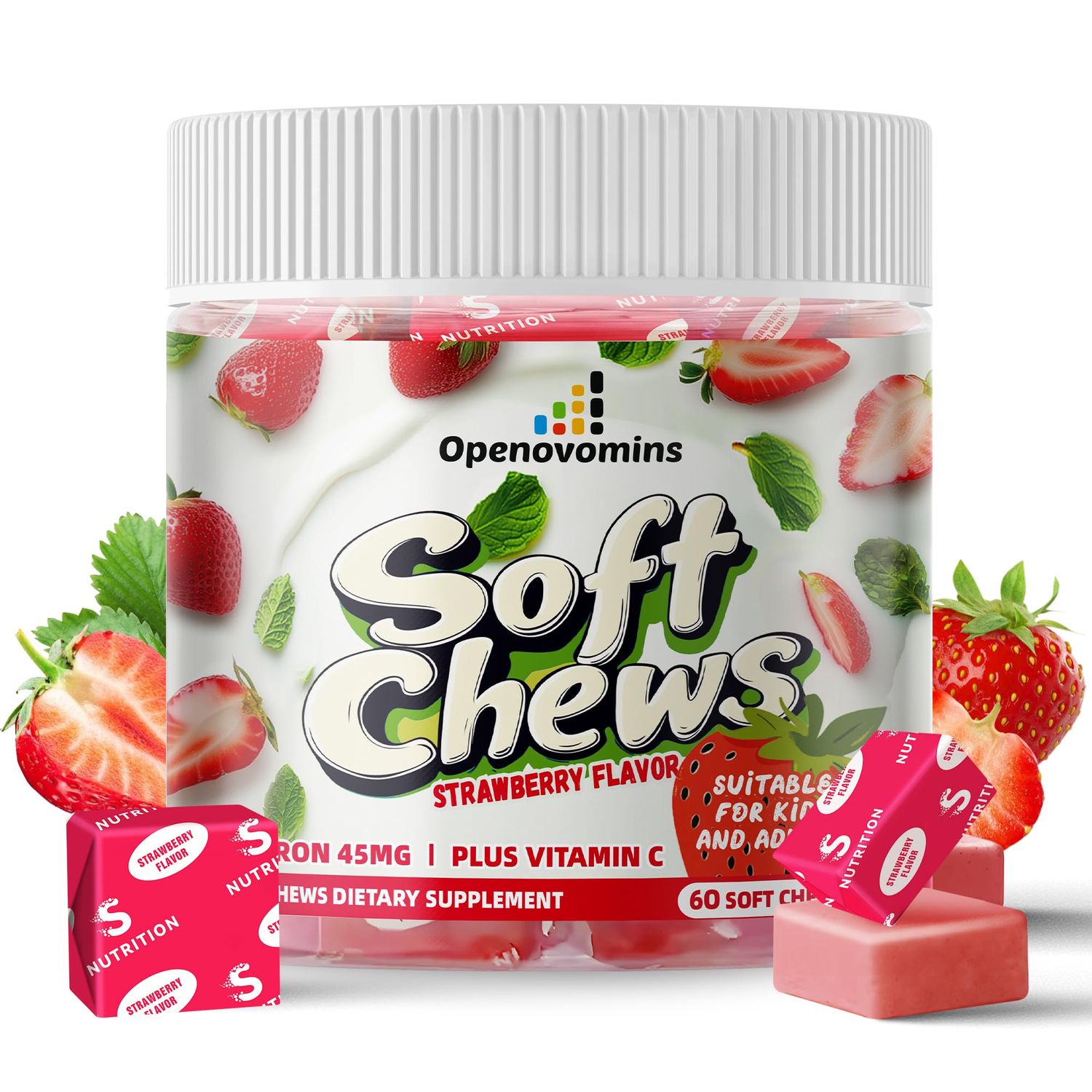 Iron Supplement Chews with Vitamin C for Women Men and Kids, Natural Vegan Iron Soft Chew with Vitamin B6,B12,D, Calcium Zinc - Energy Support, 60 Strawberry SoftChews,2 Month Supply