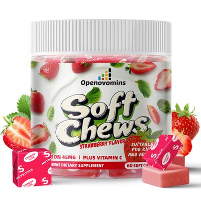 Iron Supplement Chews with Vitamin C for Women Men and Kids, Natural Vegan Iron Soft Chew with Vitamin B6,B12,D, Calcium Zinc - Energy Support, 60 Strawberry SoftChews,2 Month Supply