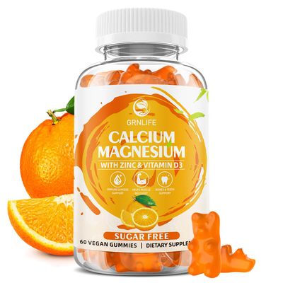 Calcium Magnesium Zinc Supplement with Vitamin D3, Sugar Free Calcium Gummies for Women Men, High Potency Magnesium Gummies for Bone Muscle Immune Health, Orange Flavors - 60 Count