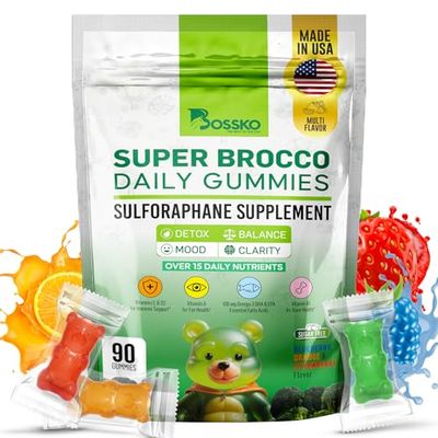 Bossko Sulforaphane Supplement Gummies - Omega 3 Fish Oil (EPADHA) Vitamin B12 B6 Vitamin A- K Zinc 90 Powerful Antioxidant Support-Broccoli Sprout Extract Supplement Vegan 0 Sugar Three Flavors