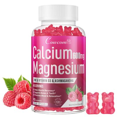 Calcium Magnesium Zinc Gummies for Kids Adults,High Absorption Magnesium Glycinate 300mg with Vitamin D3,B6,B12 for Bone,Muscles,Calm Mood,Sleep Support,Sugar-Free,Vegan,Raspberry Flavor,90 Counts