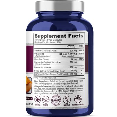 NusaPure Quercetin Complex: Bromelain, Vitamin C, Vitamin D3, Stinging Nettle, Zinc 200 Veggie Caps (Non-GMO, Bioperine)