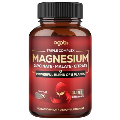 Magnesium Triple Complex - 600mg Magnesium Glycinate, Malate Citrate - Added Spinach, Swiss Chard Others - Support Calm, Restful Mood Muscle Cramp - 120 Capsules