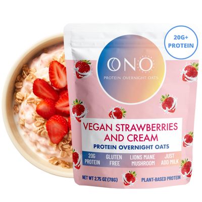 ONO Overnight Oats - Vegan Strawberries and Cream Protein Oatmeal (6 Pack)- 20g Vegan Protein, High Fiber, Low Sugar, Gluten-Free Overnight Oats, Breakfast Meal, Lions Mane Mushroom, On The Go