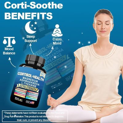 JTEVEweu Corti-Soothe Cortisol Supplement,Magnesium Glycinate 200mg, L-Theanine 150mg, Phosphatidylserine 50mg Manager Lions Mane Holy Basil Ginkgo Biloba Bacopa Monnieri Valerian (60 Capsules) B