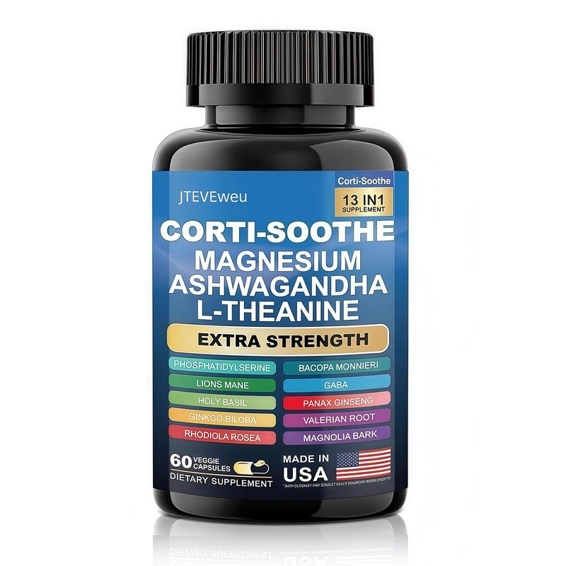 JTEVEweu Corti-Soothe Cortisol Supplement,Magnesium Glycinate 200mg, L-Theanine 150mg, Phosphatidylserine 50mg Manager Lions Mane Holy Basil Ginkgo Biloba Bacopa Monnieri Valerian (60 Capsules) B