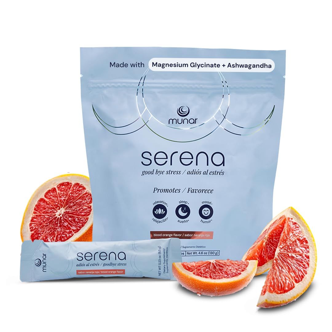Munar Serena Magnesium Drink Mix, Blood Orange, Magnesium Glycinate and Ashwagandha Supplement, L Theanine - Calm Support, Stress Relief, Mood Boost, and Sleep Aid - 20 On-The-Go Stick Packs