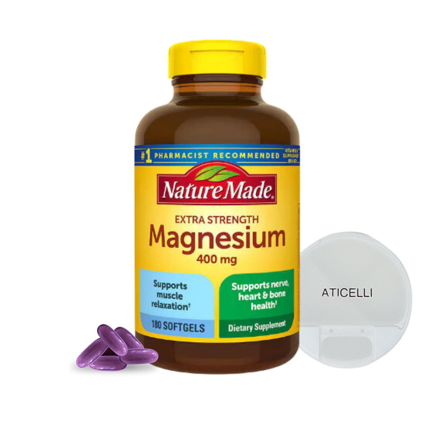 NM Magnesium 400mg Oxide Extra Strength 180 softgels, 180 Supply Days Magnesium Oxide 400mg Magnesium Supplement Bundle with Aticelli Pill Case