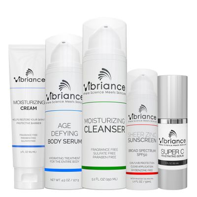 Vibriance Premium Skincare Bundle Super C All-in-One Serum, Face Cleanser, Moisturizing Cream, Sheer Zinc Sunscreen SPF 50, Age Defying Body Creme - Heal, Hydrate, Protect, Rejuvenate