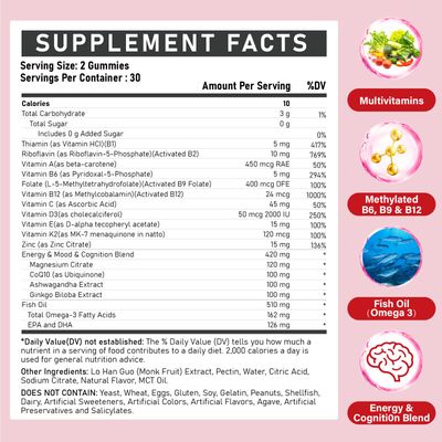 ZEGBALP Methylated Multivitamin with B Complex for Women - Daily Vitamin B1, B2, B6, B12, Folate, C Magnesium with Omega 3 - Supports for Energy Immune - Gluten-Free Sugar-Free