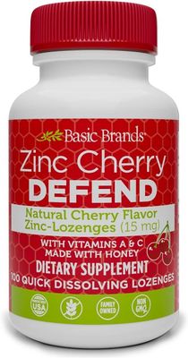 Basic Brands - Zinc Cherry Defend - 100 Lozenges - Natural Cherry Flavor Zinc-Lozenges - Immune Boost, Cold Relief, Non-GMO, Zinc Acetate Vitamin C - 2-Pack