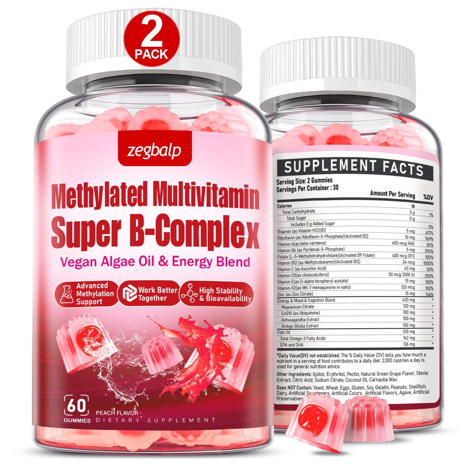 ZEGBALP Methylated Multivitamin with B Complex for Women - Daily Vitamin B1, B2, B6, B12, Folate, C Magnesium with Omega 3 - Supports for Energy Immune - Gluten-Free Sugar-Free