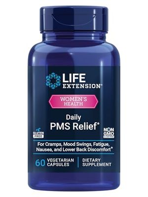 Life Extension Daily PMS Relief, Menstrual Comfort Supplement, PMS-Related Cramps, Lower Back discomfort, Mood, Ginger, Magnesium, B6, Gluten-Free, Non-GMO, 60 Capsules