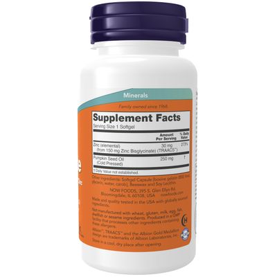 NOW Foods Supplements, Zinc Glycinate with 250 mg Pumpkin Seed Oil, Supports Prostate Health, 120 Softgels (Packaging May Vary)