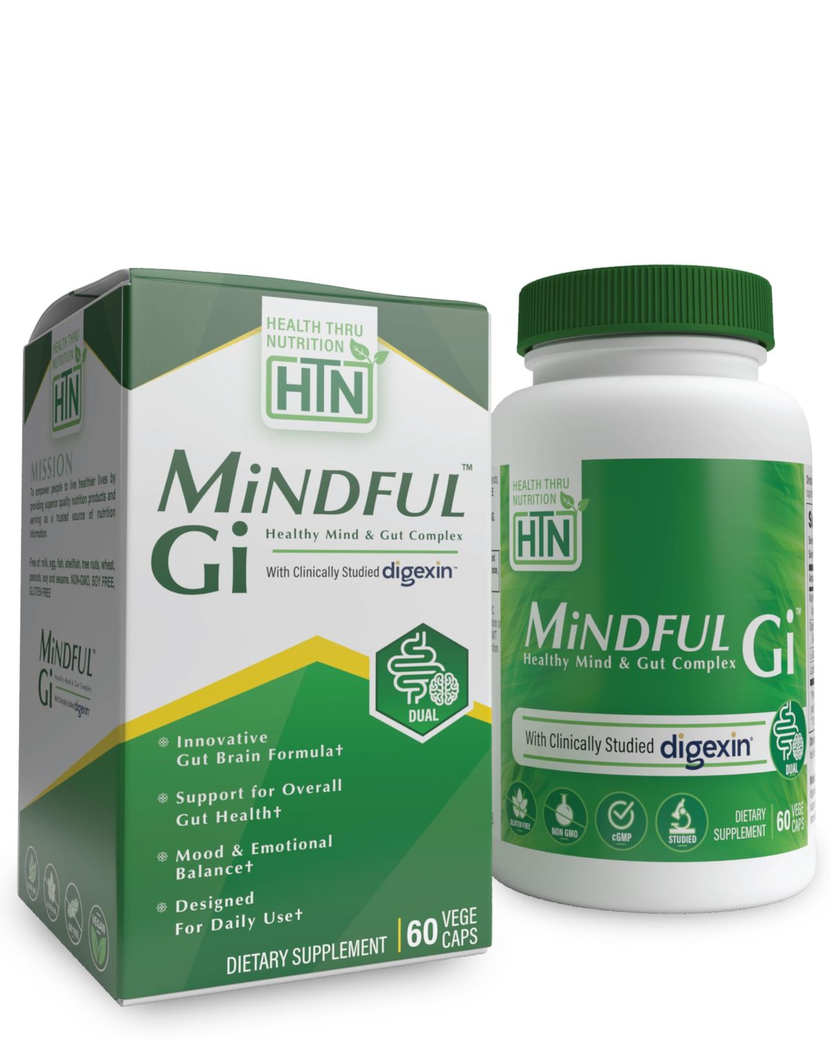 Health Thru Nutrition Mindful GI - Healthy Mind Gut Complex with Digexin, Magnesium, L-Glutamine, and Probiotic for Gut-Brain Axis Support Regularity, Bloating, Calmness Supplement
