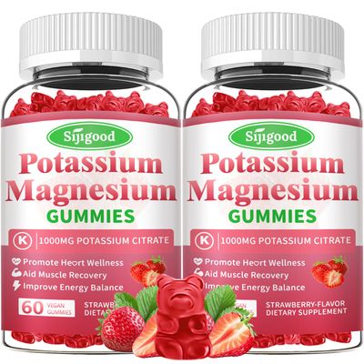2 Pack Potassium Magnesium Gummies, High Absorption Magnesium Potassium Supplement with Vitamin B6 for Leg Cramps Muscle Health, Strawberry, 120 Count