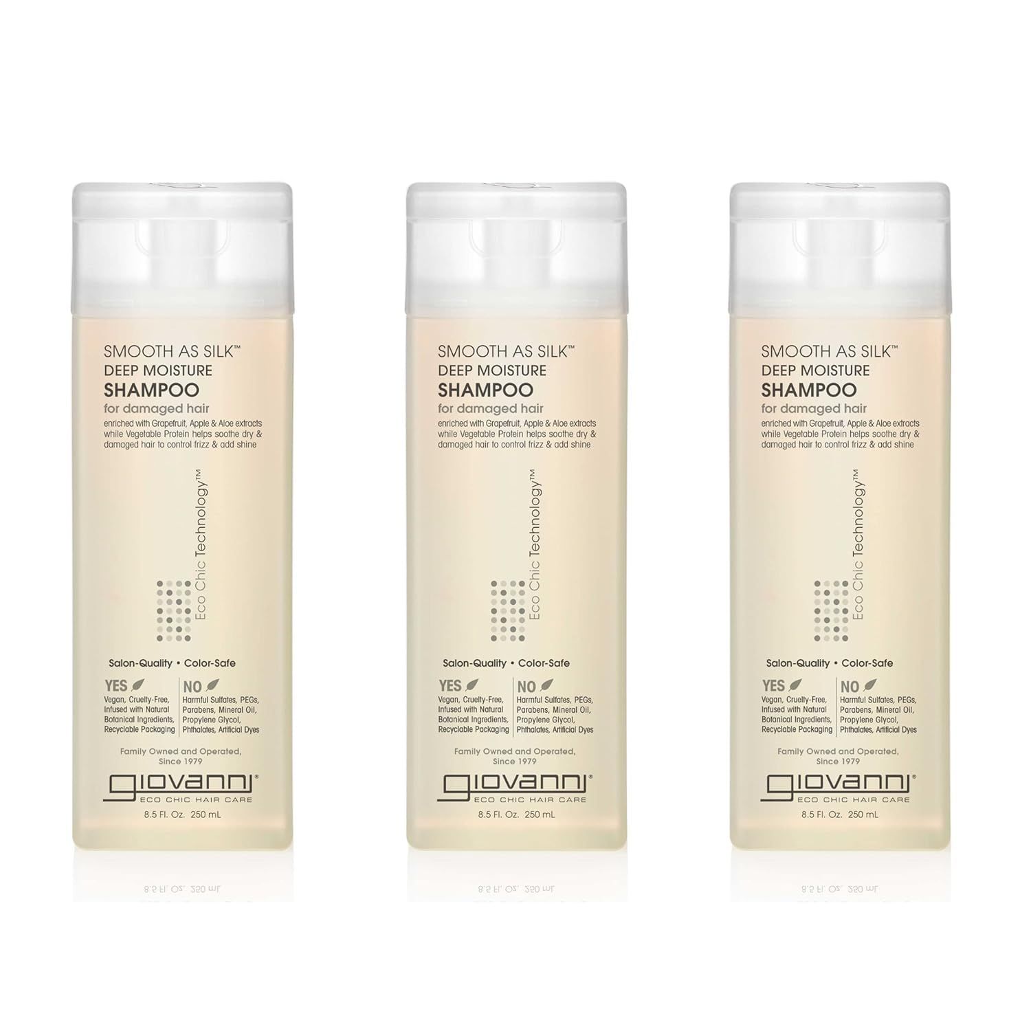GIOVANNI Eco Chic Smooth as Silk Deep Moisture Shampoo - Apple Aloe Extracts, Calms Frizz, Detangles, Wash Go, Lauryl Laureth Sulfate Free, Paraben Free, Color Safe - 8.5 oz (Pack of 3)