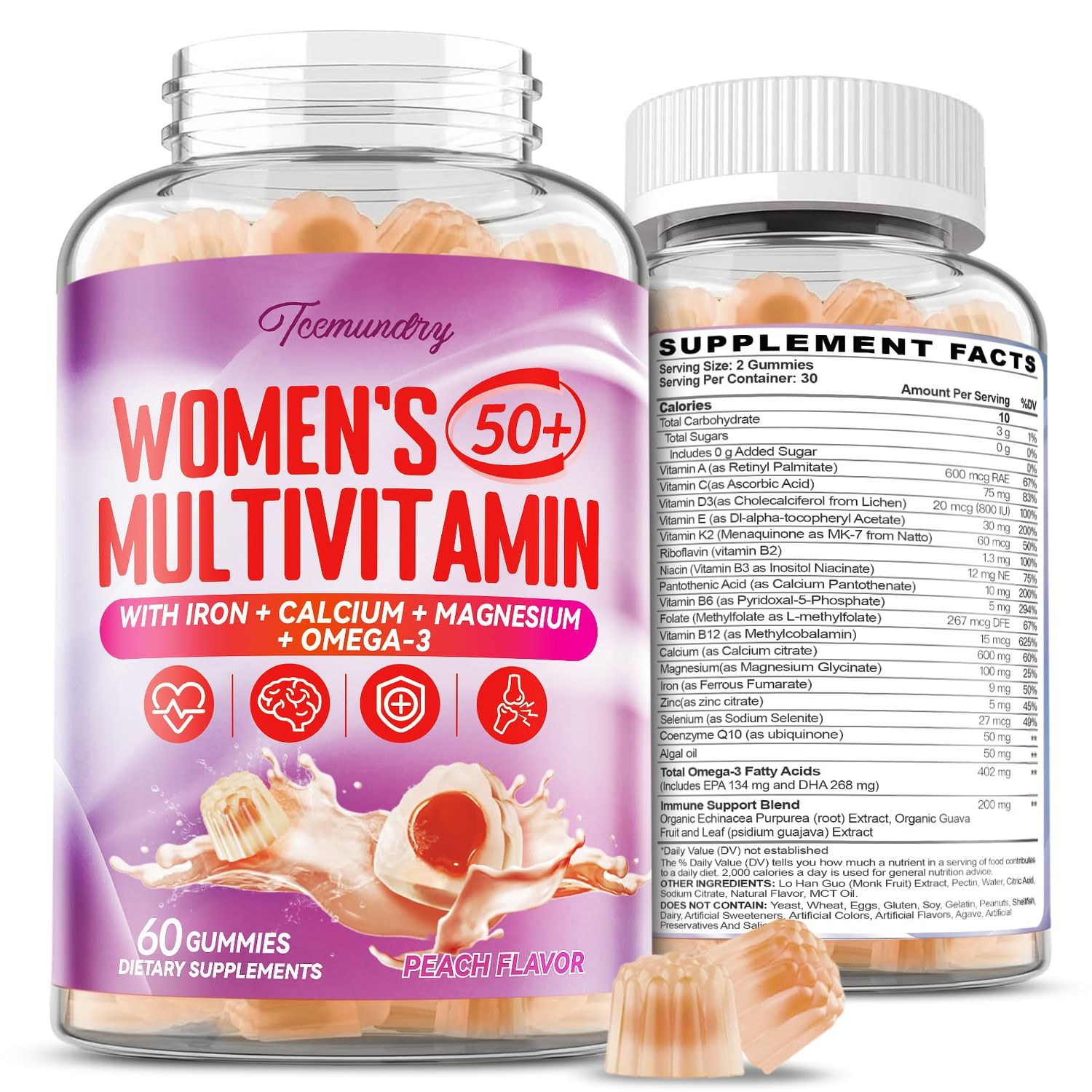 Multivitamin Gummies for Women 50 Plus - with Omega 3, Coenzyme Q10, Iron, Calcium, Zinc, Vitamin A, C, D3, E, K2, B Complex, Folate - Multi Vitamins Minerals for Energy, Immunity, Eye, Skin