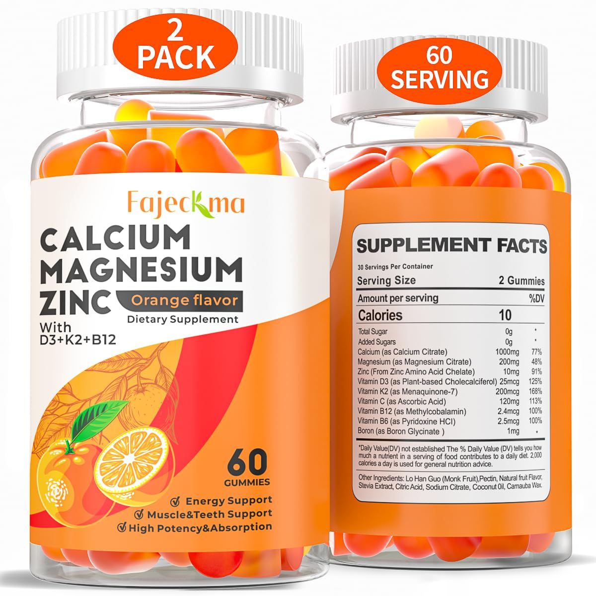 Calcium Magnesium Zinc Gummies for Adult: Organic 1000mg Calcium Citrate Magnesium Supplement with D3 B12 - Sugar Free High Absorption Supplement for Women Men (60 Count(Pack of 2))