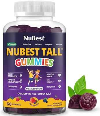 NuBest Tall Gummies for Kids Age 2 Teens Bone Strength, Immunity, Digestive Health with Calcium, Vitamin D3, K2, B Complex, Magnesium, Zinc 20 Vitamins Berries Gummies, No Added Sugar