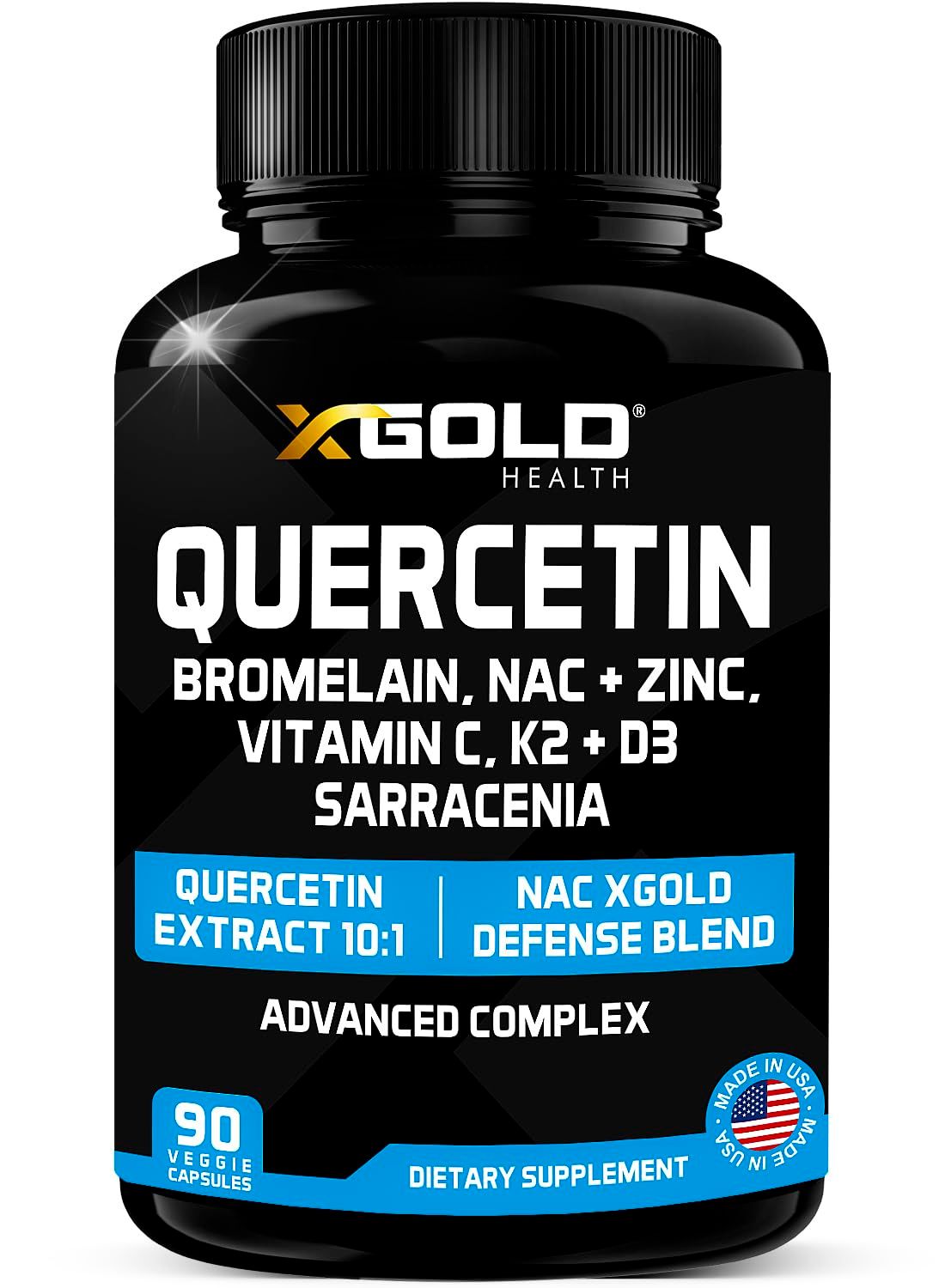 X Gold Health Quercetin Complex XGold Defense Blend: Immune Support with 10:1 Quercetin Extract, Bromelain, NAC, Zinc, Vitamin C, K2 D3, Elderberry, Turmeric, Ginger, and More