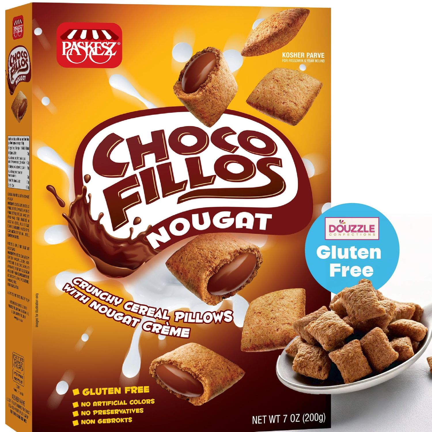 DOUzzle Gluten Free Choco Fillos Nougat Breakfast Cereal, Crunchy Cereal Pillows with Nougat Cr me (Pack of 1) Non Gebrokts Kosher for Passover Food Snacks - No Artificial Colors