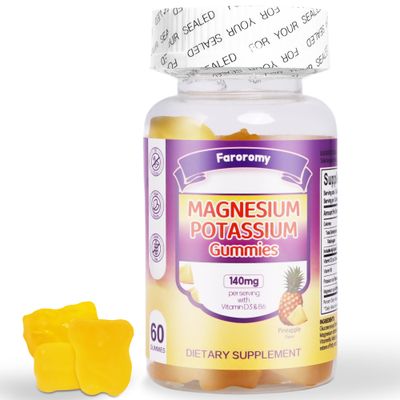 Faroromy Potassium Magnesium Supplement Gummies,Calm Magnesium Gummies Potassium Gummies Support Leg Cramps, Muscle,Immune Health,High Absorption Vitamin B6,D3.Pineapple Flavor for Kids Adult,60 Count