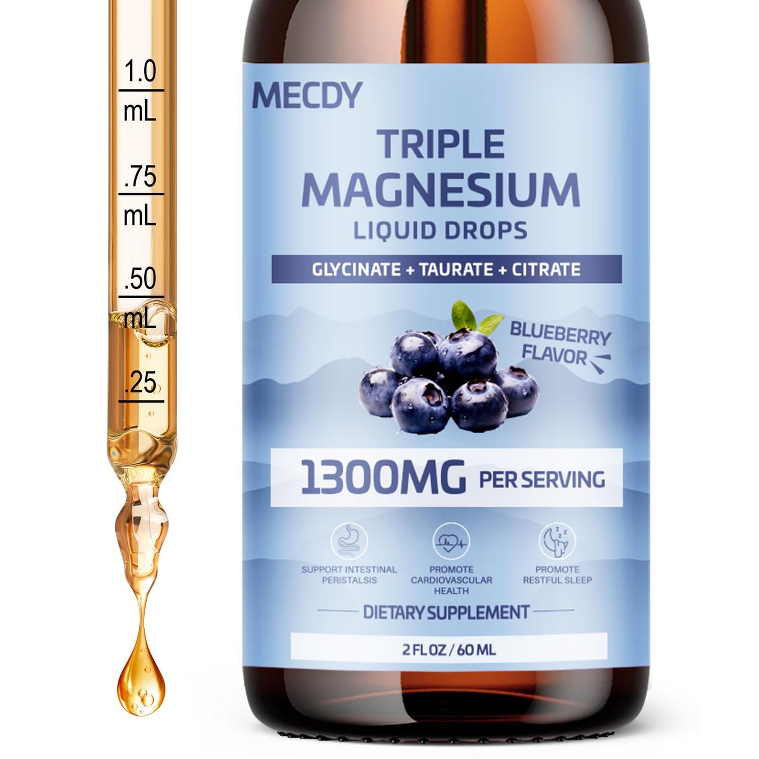 1300MG Magnesium Glycinate Liquid, with Magnesium Taurate Magnesium Citrate, Magnesium Oil with Vitamin B6, Omega 3 - Promote Absorption Sleep, Triple Magnesium, Blueberry Flavour, 2FL.OZ