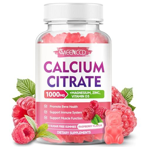 Calcium Citrate Gummies 1000mg wVitamin D3, High Absorption Calcium Supplement for Women Men, Plus Magnesium, Potassium, Zinc for Muscle Immune, Sugar-Free, Raspberry Flavor, 60 Count