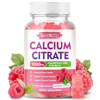 Calcium Citrate Gummies 1000mg wVitamin D3, High Absorption Calcium Supplement for Women Men, Plus Magnesium, Potassium, Zinc for Muscle Immune, Sugar-Free, Raspberry Flavor, 60 Count