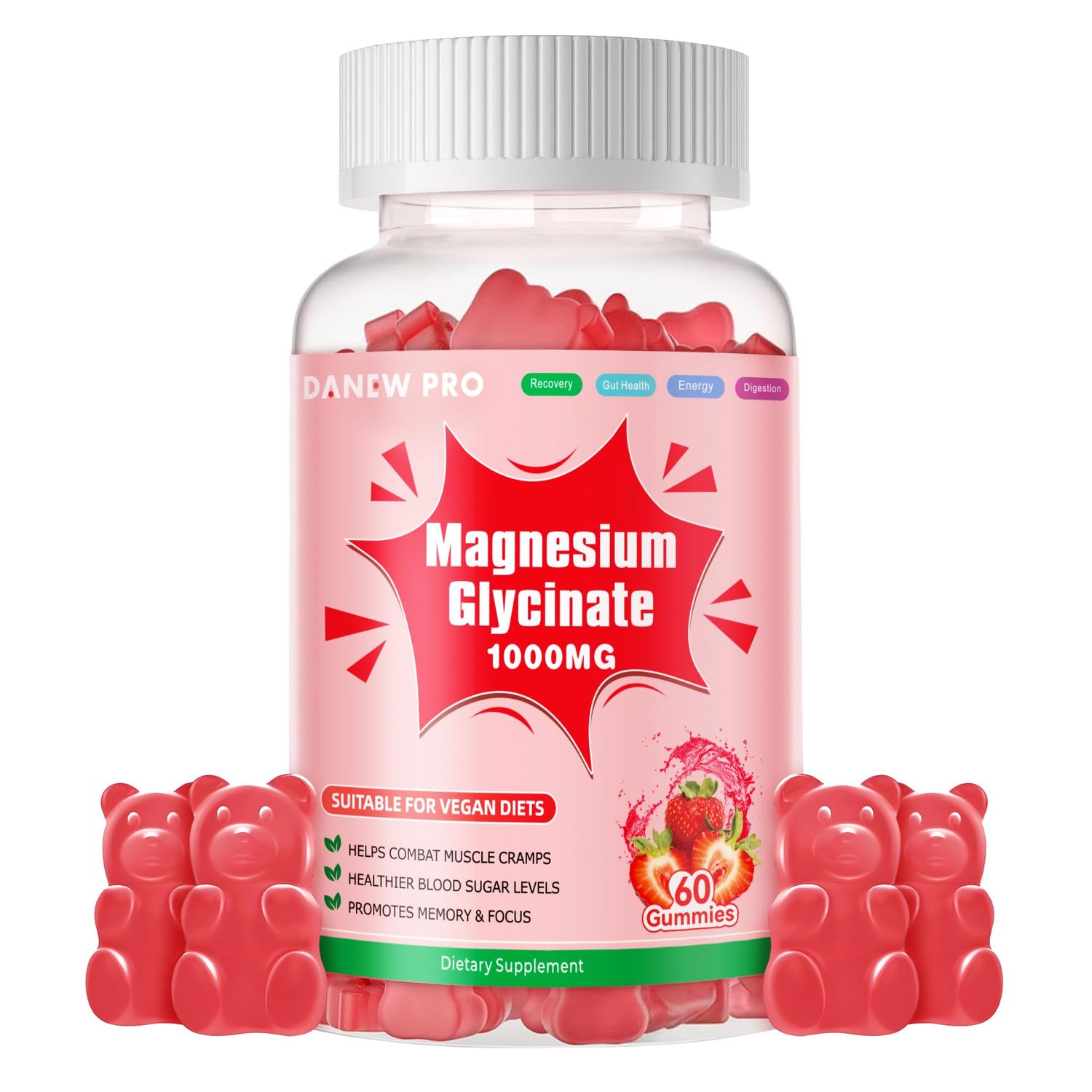 Magnesium Glycinate Gummies 1000mg - Sugar Free Magnesium Potassium Supplement with Vitamin D, B6, CoQ10 for Calm Mood Sleep Support - 60 Strawberry Gummies