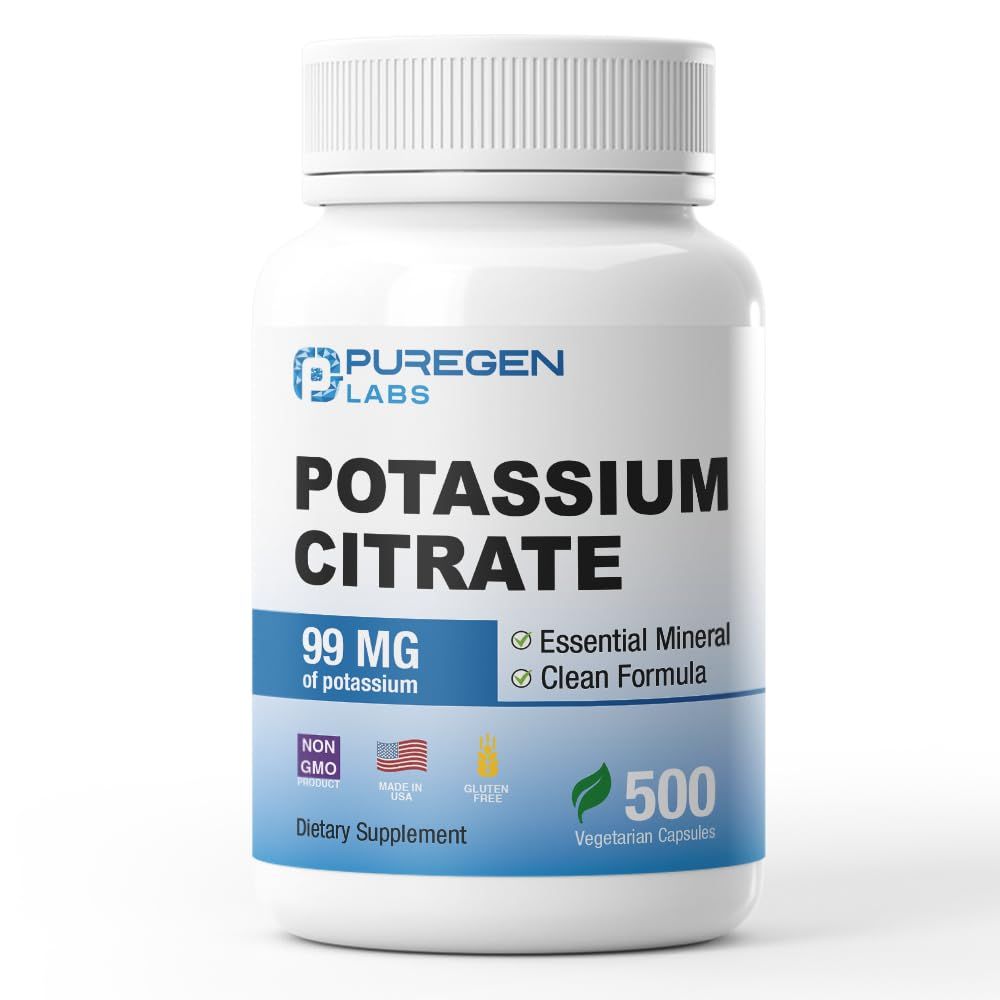 Puregen Labs Potassium Citrate 99 mg of Elemental Potassium Supplement No Harmful Additives Non-GMO, Gluten Free Made in USA - 500 Vegetarian Capsules