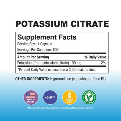 Puregen Labs Potassium Citrate 99 mg of Elemental Potassium Supplement No Harmful Additives Non-GMO, Gluten Free Made in USA - 500 Vegetarian Capsules