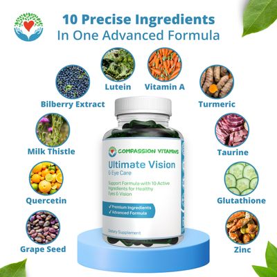 Ultimate Vision Eye Care Eye Vision Clarity Ultra Eye Support Supplement Areds 2 Formula with Vitamins Lutein, Zinc, Vitamin A, Taurine, Bilberry, Glutathione, Quercetin, Grape Seed, Turmeric, 60ct