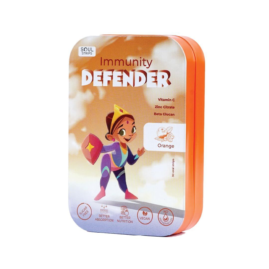 Soul Strips Immunity Defender -Sugar-Free Vitamin C Zinc with Beta Glucan-Helps Fight Common Infections-Immune Support Strips for Children-Orange Flavor, Zero Sugar-30 Strips Pack