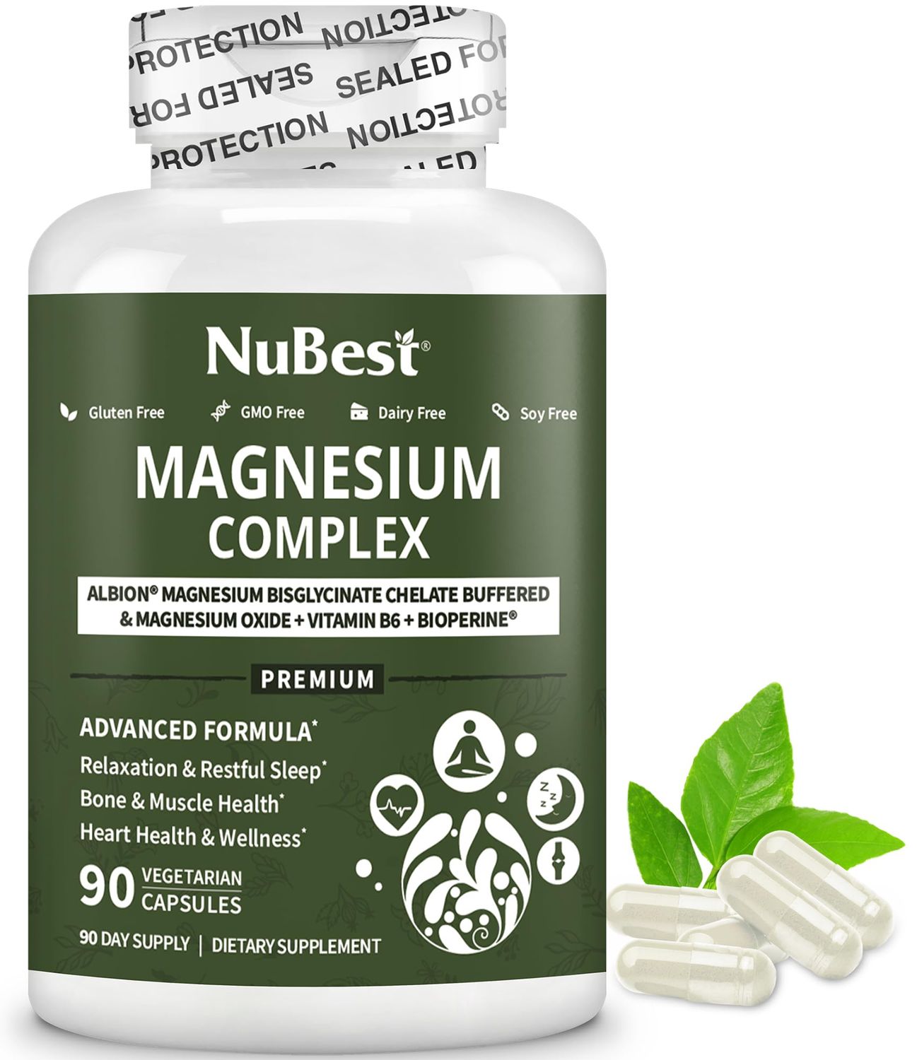 Magnesium Glycinate Chelate Complex with Albion Magnesium Bisglycinate Chelate, Magnesium Oxide, Vitamin B6 BioPerine for Bone, Muscle, Natural Sleep, Nerve Function, Brain Booster - 90 Days Supply